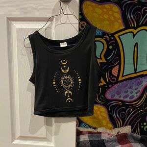 SHEIN Black Crop Top with Gold Celestial Design
